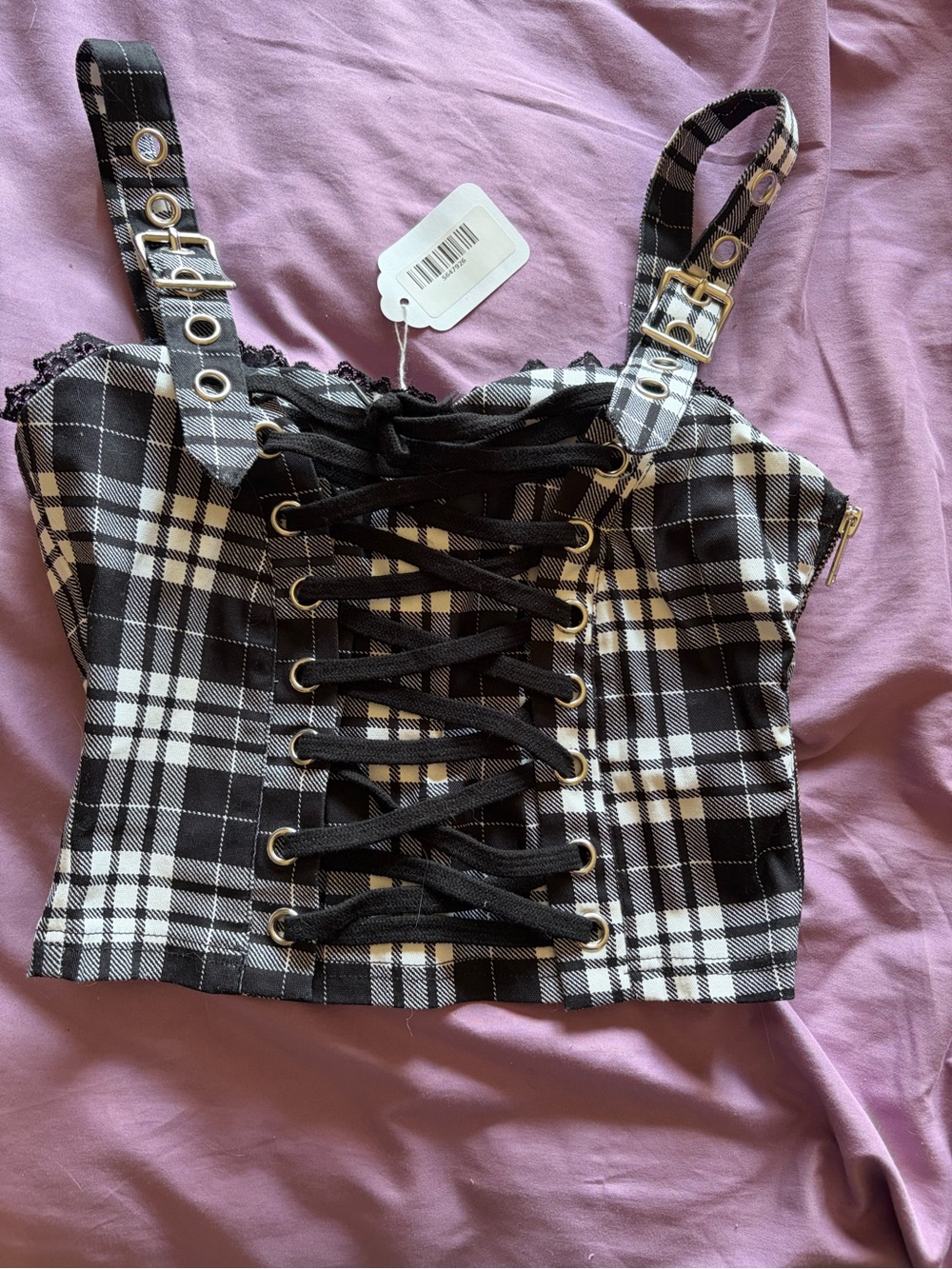 Dolls Kill Black & White Plaid Lace-Up Crop Camisole